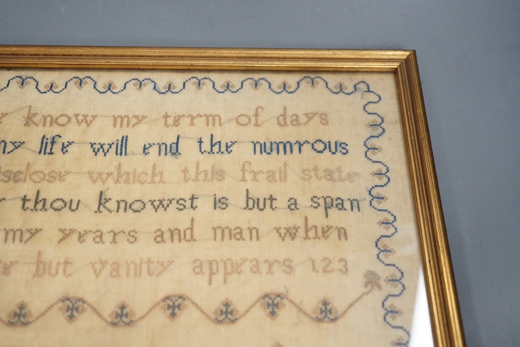 A framed Victorian sampler, worked by Susan Knight 1847, 41 x 31cm